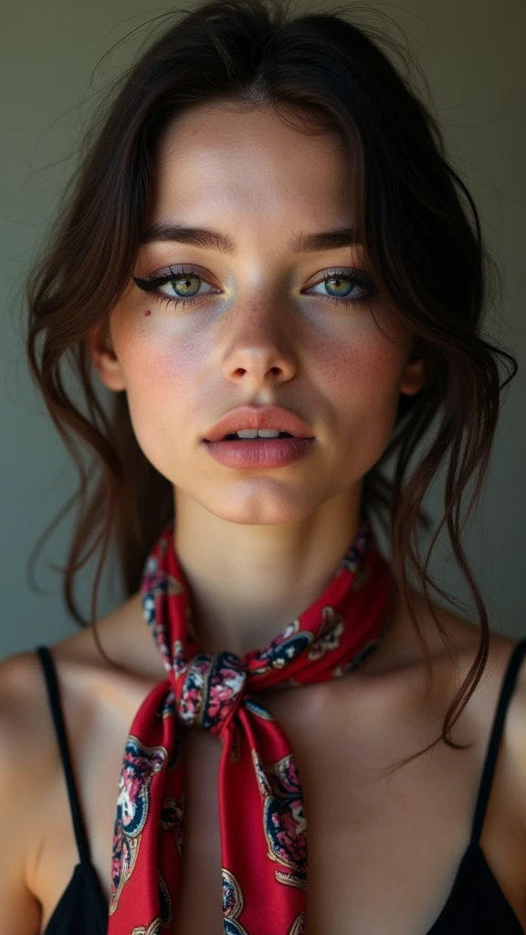 Slender cute  girl with dark eyeshadow and voluminous lips. She is wearing a shiny print silk neckerchief
