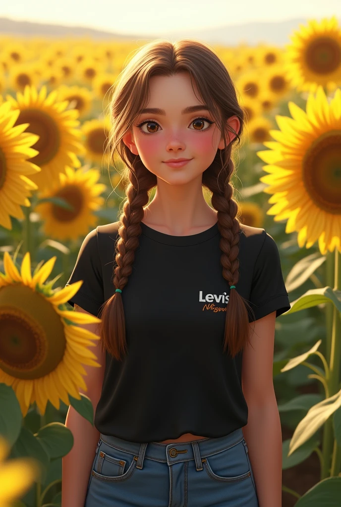 1 girl, white skin, well-groomed face, flowers, , sunflowers, solo, outdoors, field, black short t-shirt with Santi logo, braids, holding clothes, twin braids, flower field, ,levis trousers, realistic, brown hair, smiling, brown eyes, black hair, long, twintails, looking at the viewer, standing, yellow flowers