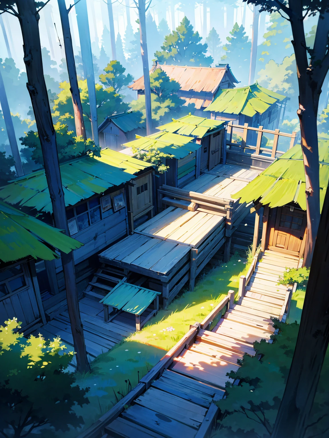 a forest with a town that has houses in the top with bridges, has wooden huts at the base of the trees