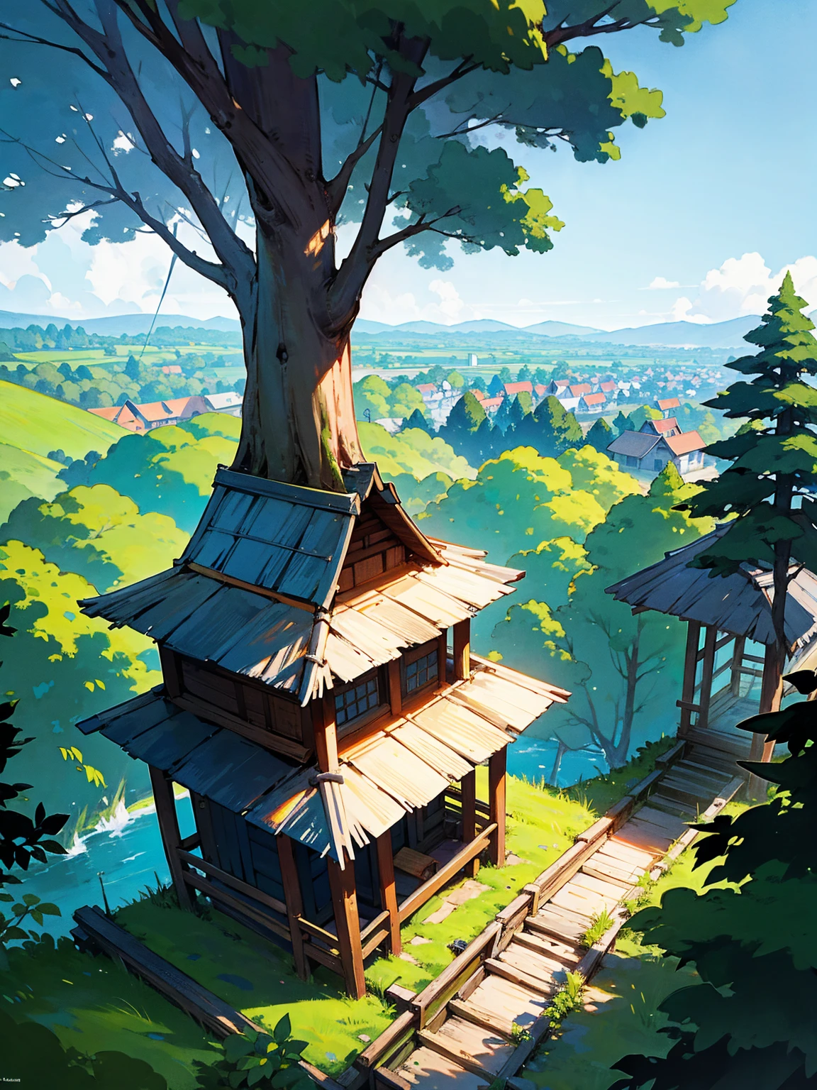 a forest with a town that has houses in the top with bridges, has wooden huts at the base of the trees