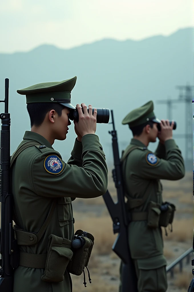 A tense scene at the Demilitarized Zone (DMZ), with Korean soldiers stationed at guard posts, looking through binoculars, rifles slung over their shoulders, as they peer across the fortified boundary separating North and South Korea.