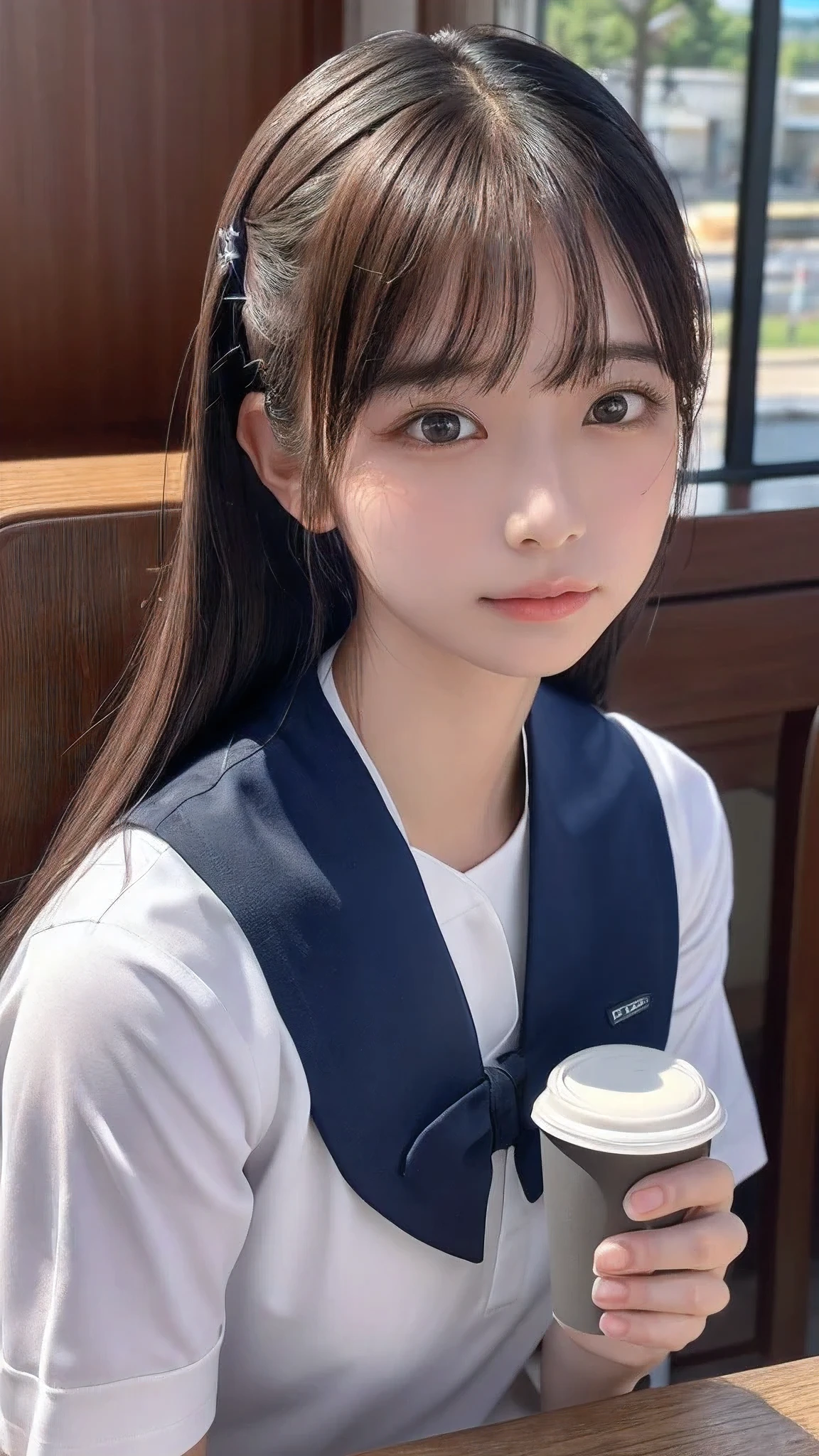 ((masterpiece, Highest quality, High resolution)), 1 Japanese person, (Realistic: 1.4), excited、Pointed Mouth、Great face,Glossy Lips、, Silver Hair、Silver Hair、Silver ponytail、(Beautiful Hair:1.5), High School Uniform、Sailor suit、Short sleeve、Large Breasts、Cleavage、At the cafe、In front of the table、Sitting on a chair、Holding a glass、Drinking coffee、Body facing forward、Face to face、Staring、Angle from the front, Smooth, Highly detailed CG composite 8K wallpaper, High resolution RAW color photos, Professional photography, Light, BackLight, dream-like, impressive, Written boundary depth, (Face close-up:1.4)、Sweaty face、Sweaty body、Sweaty clothes、(Wet with sweat:1.1)