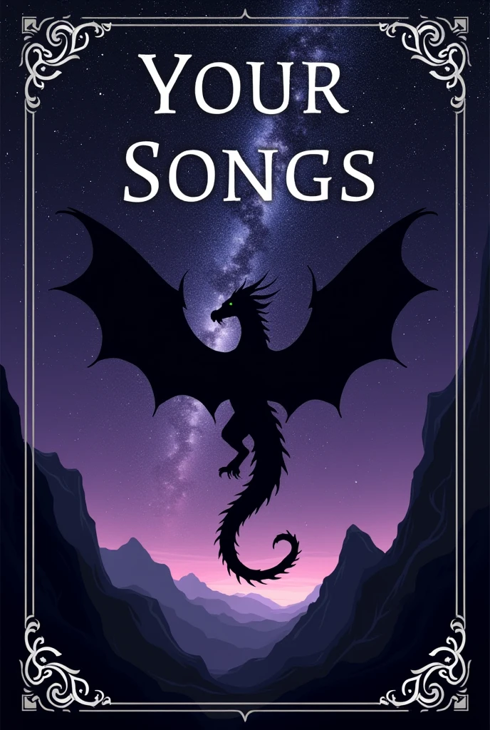 Book Cover
With a dragon silhouette
Purple and black colors
Starry night background
Minimalist
Silver frame
Title: YOUR SONGS