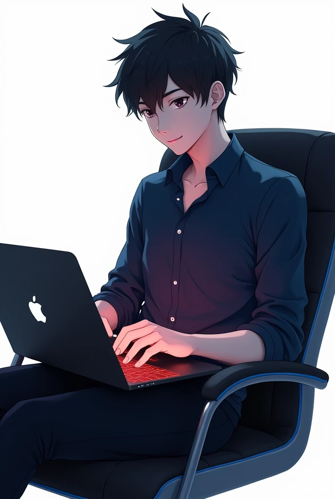 a realistic anime-style image of a 16-year-old boy working on a blackish Apple laptop with a glowing red keyboard. He’s wearing a dark blue shirt, black pants, and sitting in a stylish black chair with blue borders. The boy is shown from the right side with short, stylish hair, white skin, and blackish eyes. He looks happy with a closed mouth, and the background is white.