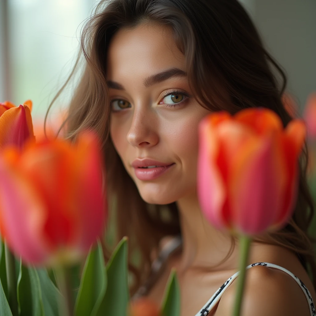 The woman is beautiful, the tulip is pretty.