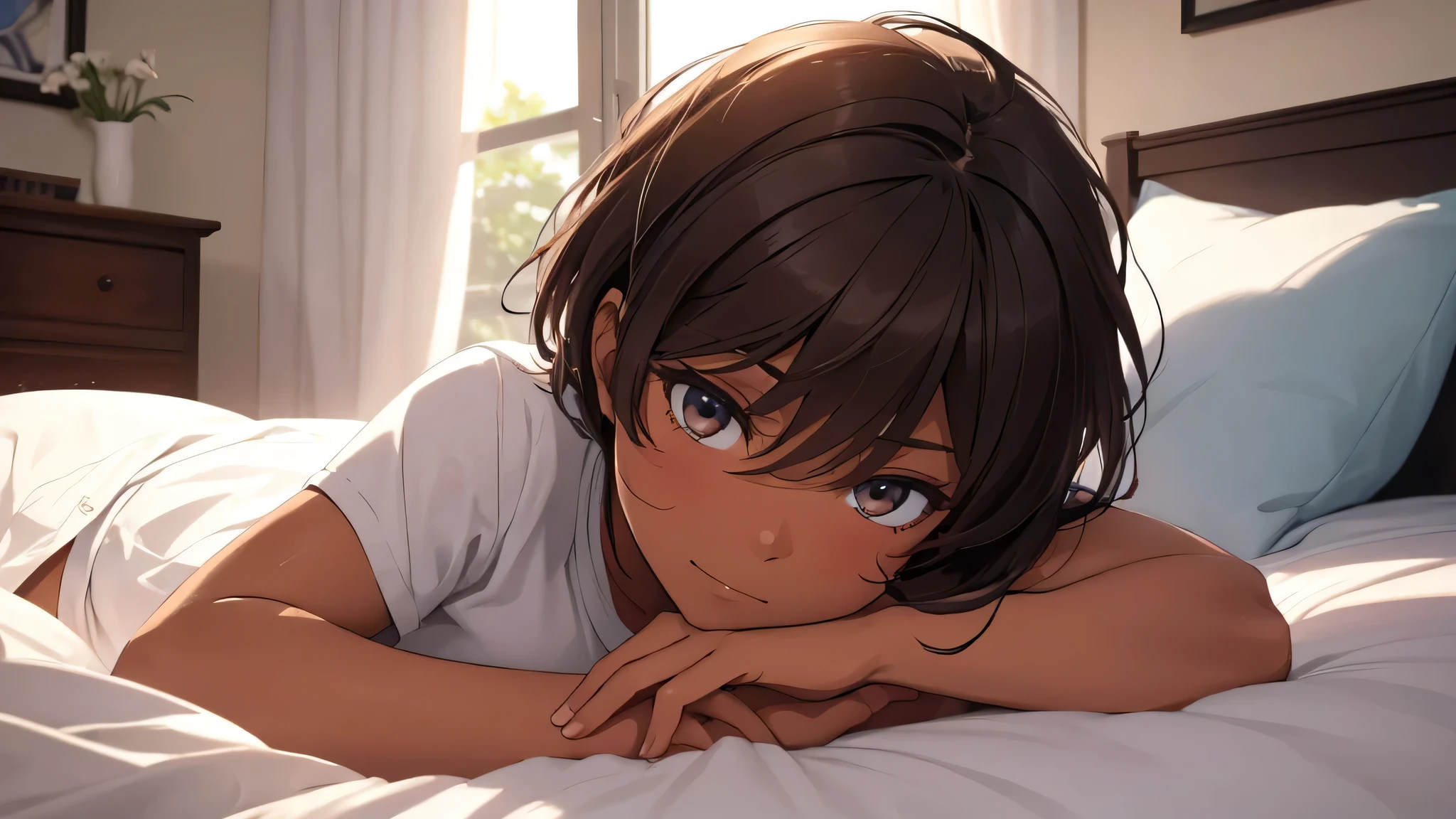 (((Masterpiece, highest quality, high definition, high detail)))), (((modern))) Best god quality, detailed, a room background,  (single girl laying on bed) 1girl, tomboy, dark skin, short brown hair, brown hair, hazel eyes, eyelashes, smug expression, black booty shorts, oversized shirt, laying down, looking at viewer, facing viewer, smirking stare, blushing, hands undercover, laying in bed, (((SOLO))), (girl in middle laying down)