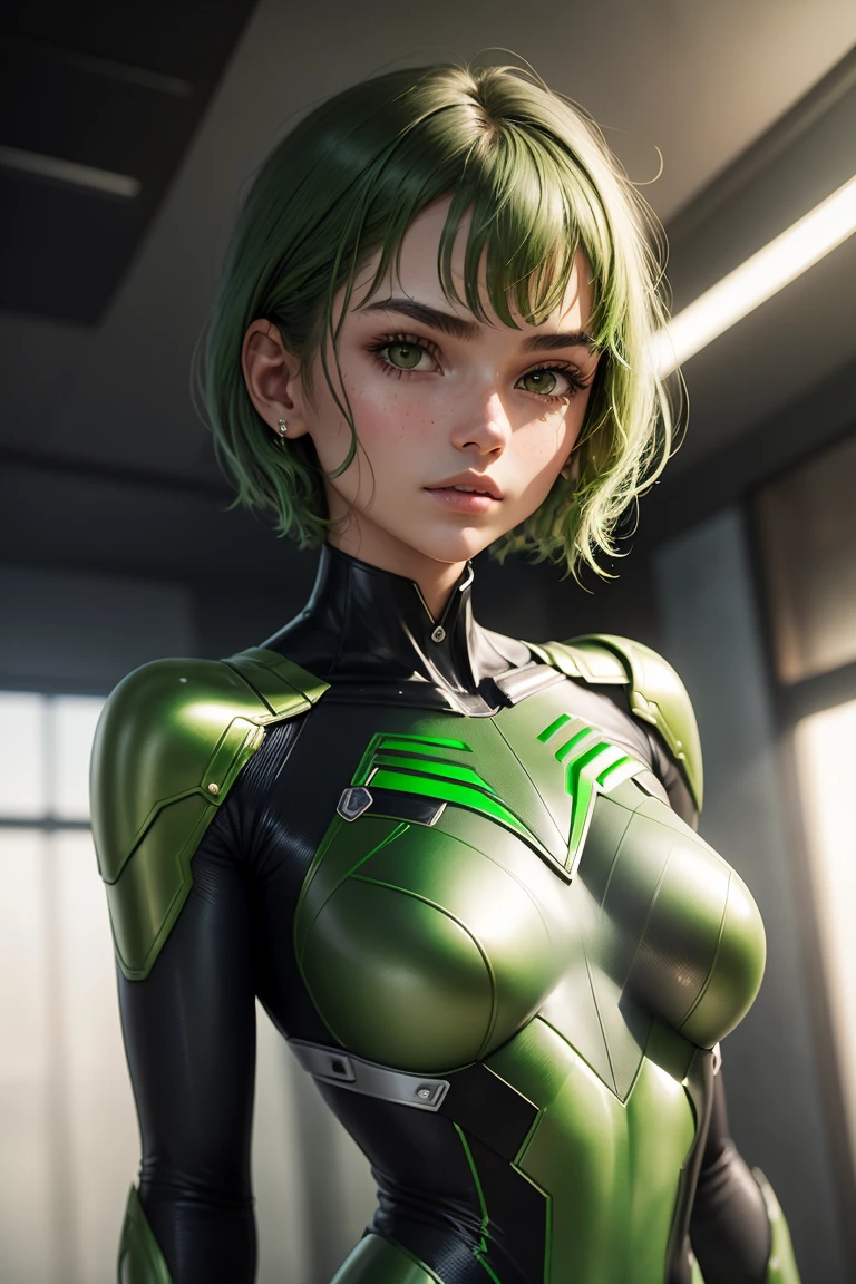 18 year old girl, green metallic superhero suit, short and blunt hair, green, beautiful face, rain, ceiling, masterpiece, intricate detail, perfect anatomy