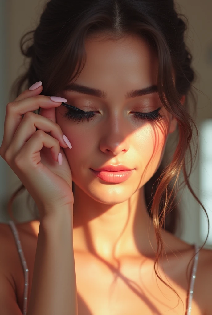 Subject: A woman enhancing her lashes with growth serum,
Creative descriptions: lush eyelashes, enhanced volume, fluttery lashes,
Environment: cozy bedroom with a vanity mirror,
Mood/atmosphere: hopeful, amazed, beauty transformation,
Artists/illustrators: Alyssa Mees, Realistic Portraiture, Detailed eye features, lifelike textures,
Camera settings: Utilize a digital camera with macro lens to capture intricate details of the eyelashes.