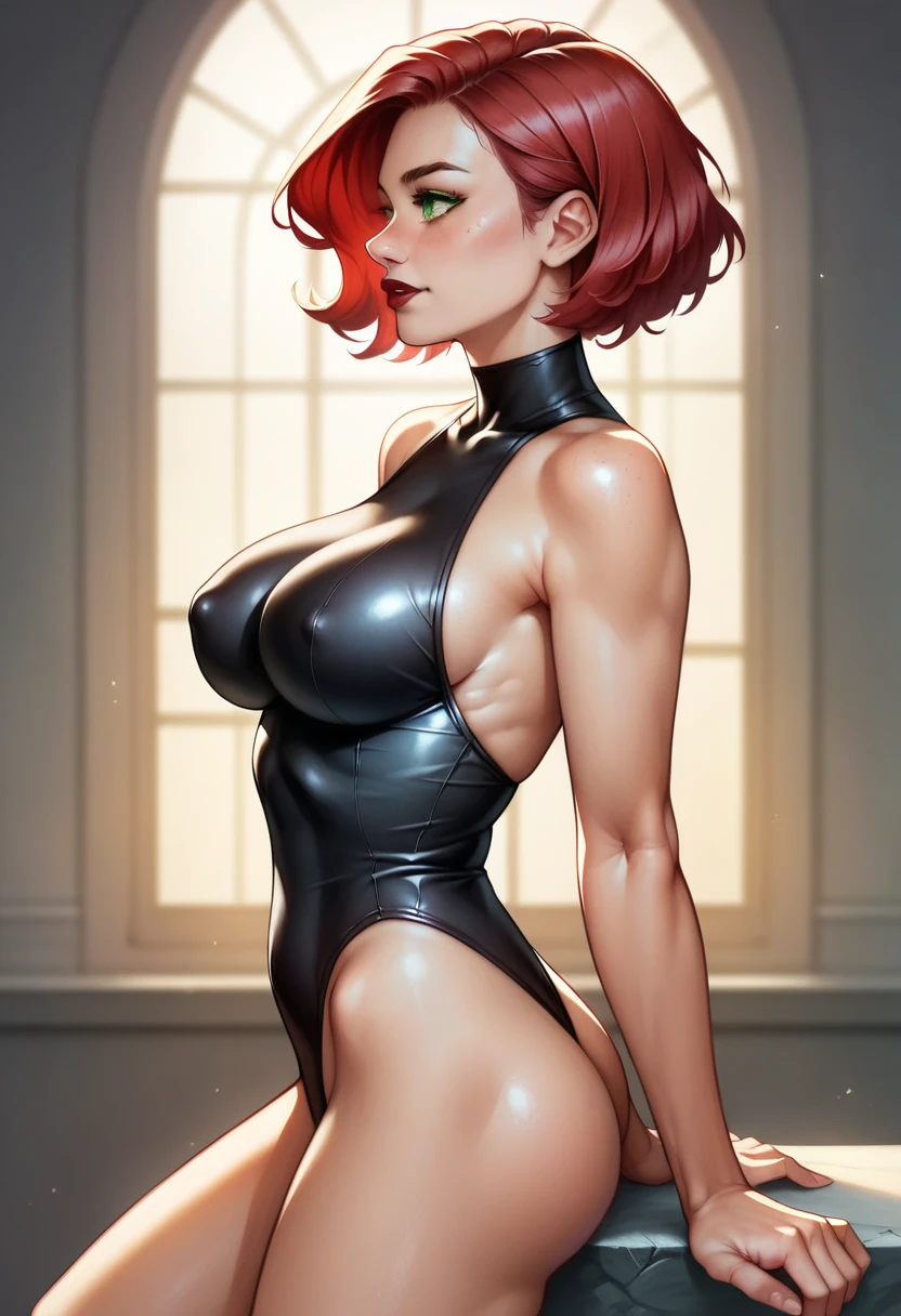 (high-level image quality), (high quality), (high resolution), (detailed), (masterpiece), beautiful woman, ((caucasian)), green eyes, red hair, short hair, dark red lipstick, busty, slender body, perfect eyes, Detailed face, leotard, nsfw, side view, aroused, 