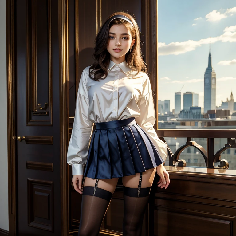 (​masterpiece, best quality:1.5), highest quality, High resolution, super detailed, Realists, Upper body photo of a brunette 22-year-old woman, detailed and beautiful eyes, beautiful detailed lips, very detailed eyes and face, longeyelashes, 22-year-old woman in a shirt made of blue shiny satin fabric and white trousers, Beautiful and colorful makeup, elegant and noble々Pose,shiny satin headband,, Office as background, bright daylight, bright colors, fine brushstrokes, Portrait style, beautiful color palette, glowing skin, First-class rendering, that captures every detail, enchanting atmosphere, (perfect anatomy:1.2), (The stunning woman wears a satin shirt and a white pleated skirt.  (magnificent panorama view:1.2)