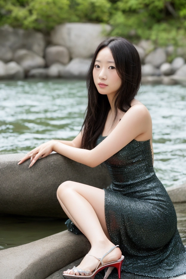 (photorealism:1.2), Japanese woman, 35 years old, not looking at camera, bokeh of Leitz summicron lens, some spots on the face, not putting on make-up, sitting in the river water, wearing wet dress and Louboutin heels, black long straight, outdoors, soft lighting, relaxed pose, realistic, intricate details, cool colors, some distance from Camera