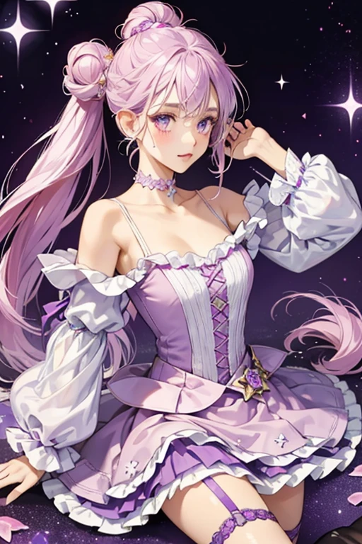 This version has slightly tanned skin and wears pale pink blush and silver eye-shadow. Her star is purple. Her hair is worn loose and straightened with her bangs and forelocks pulled back into tightly twisted buns adorned with a purple nail polish bottle, a silver star, and a pink brush with purple dripping polish. On each side of her head is a hot pink streak that goes through the bun, and hanging from each side of her head are curled strands of hot pink and purple hair. Her outfit is composed of a lilac top that has a silver star at the middle and pink sleeves, worn with a pink skirt that has a silver shimmering layer beneath it and a purple drip from the top, beneath purple suspender straps. She also wears purple stockings with lilac shoes that have silver stars on the outer-side, and a pink choker. SPARKLE; GLITTER