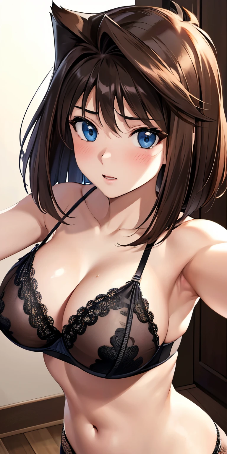 1 Female,High definition,high resolution,Ultra-realistic,8K,aamazaki, (antenna hair:1.2), brown hair,blue eyes,European,sexy,Upper body close-up,Photographed from the front,Dynamic Angles,private teacher,blush, (huge tits),nipples ,show tits  ,(black lace bra),(black lace panties),(top view),(selfie)