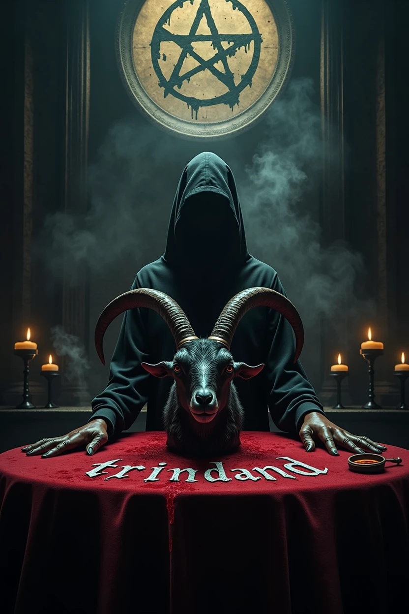 Altar with inverted pentagrams, The head of a black goat on the altar, black candles, Incense smoke rising from a bowl on the altar. On the table, the word is written in blood "trinidad", word that can be read clearly and stands out within the scene