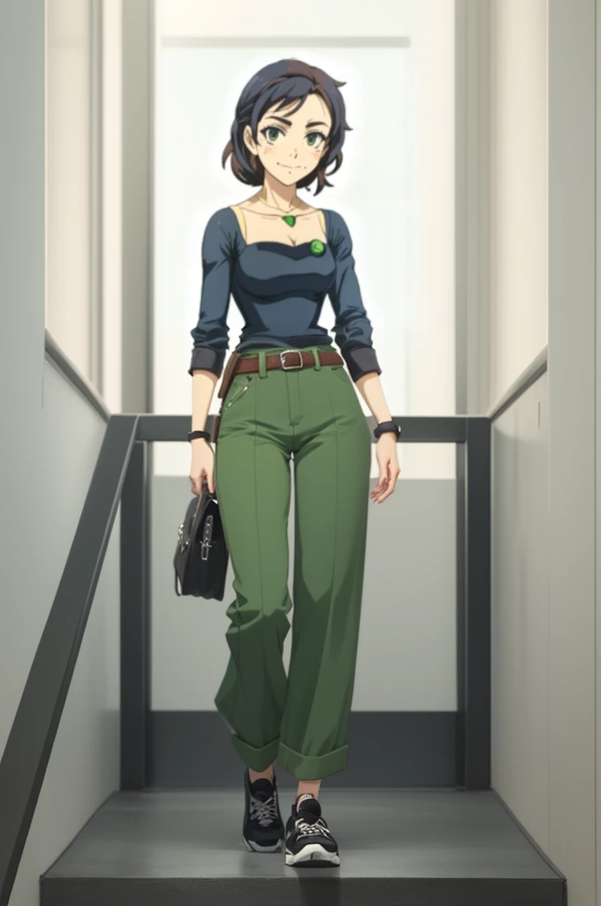 anime girl in a black shirt with green eyes and a green necklace, anime visual of a young woman, female anime character, anime moe artstyle, official character art, portrait of mayuri shiina, as an anime character, official art, Thight pants, long pants, Balck shoes, standing, green belt
