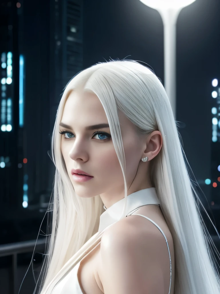 masterpiece, highest quality, (solo focus), (perfect face:1.1), (high detail:1.1),dramatic, 1guy, (pale skin), long white hair, white eyes, [light eyebrows], solo, long hair, moon, night, white luxury suit, covered navel, pouty lips, covered, futuristic city, detailed background, art by artgerm and greg rutkowski, cinematic lighting, roses, fashion, BalenciagaStyle