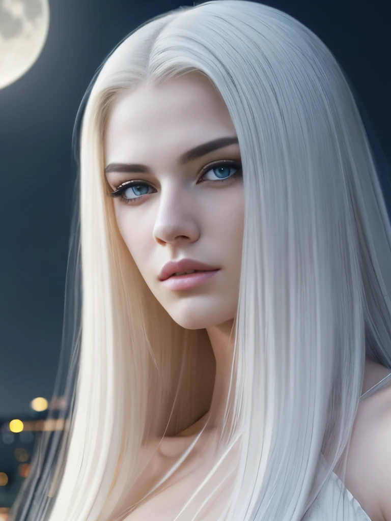 masterpiece, highest quality, (solo focus), (perfect face:1.1), (high detail:1.1),dramatic, 1guy, (pale skin), long white hair, white eyes, [light eyebrows], solo, long hair, moon, night, white luxury suit, covered navel, pouty lips, covered, futuristic city, detailed background, art by artgerm and greg rutkowski, cinematic lighting, roses, fashion, BalenciagaStyle