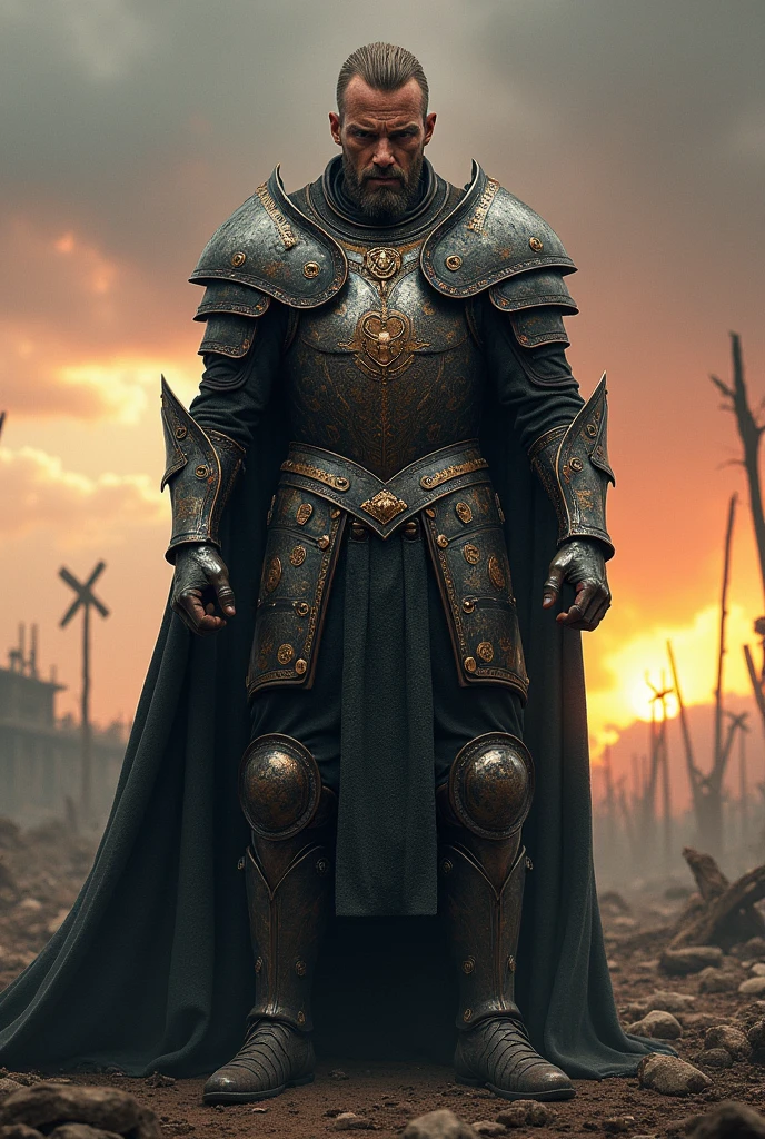 Make me a person posing after a war wearing armor Seven Facing forward