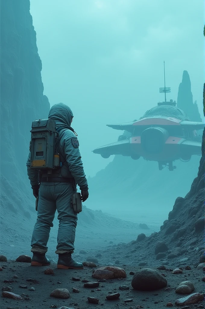 A man stranded on a blue rocky planet in a ship with no fuel