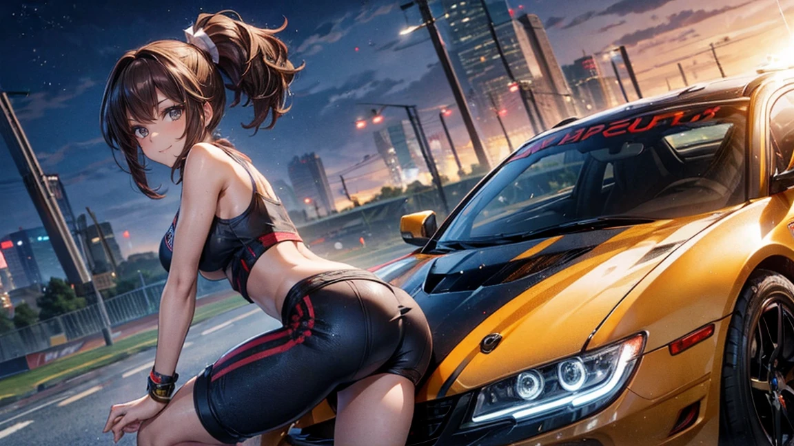 One Woman　Race Queen　pose for the camera in front of a sports car　High Leg　Low Angle　Cute Smile　ponytail　Brown Hair　Black hot pants　Black Tank Top