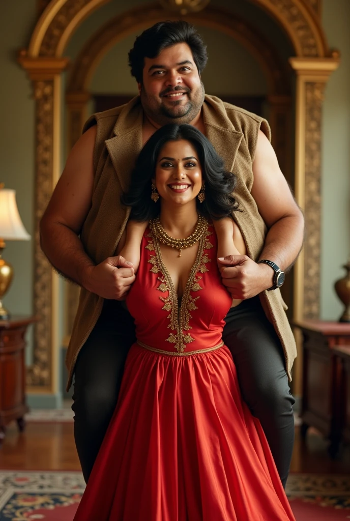 Create a realistic photograph of a smiling and beautiful indian actress in red satin carrying a large stout man on her shoulders in a room, man is sitting on top of her shoulders , man on top, woman at bottom , she is bending forward 