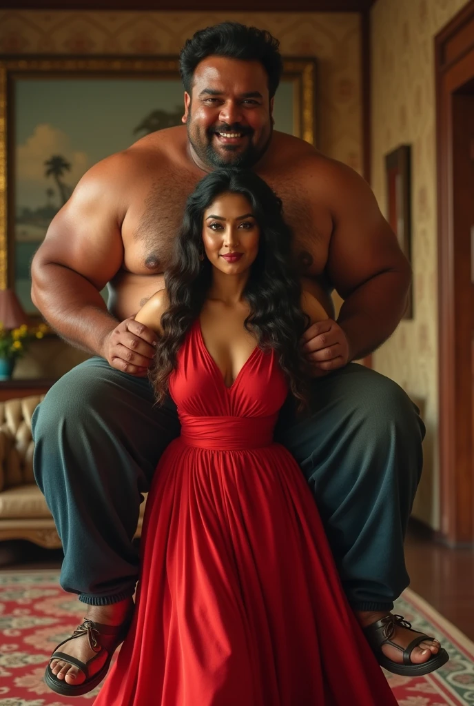 Create a realistic photograph of a smiling and beautiful indian actress in red satin carrying a large stout man on her shoulders in a room, man is sitting on top of her shoulders , man on top, woman at bottom , she is bending forward