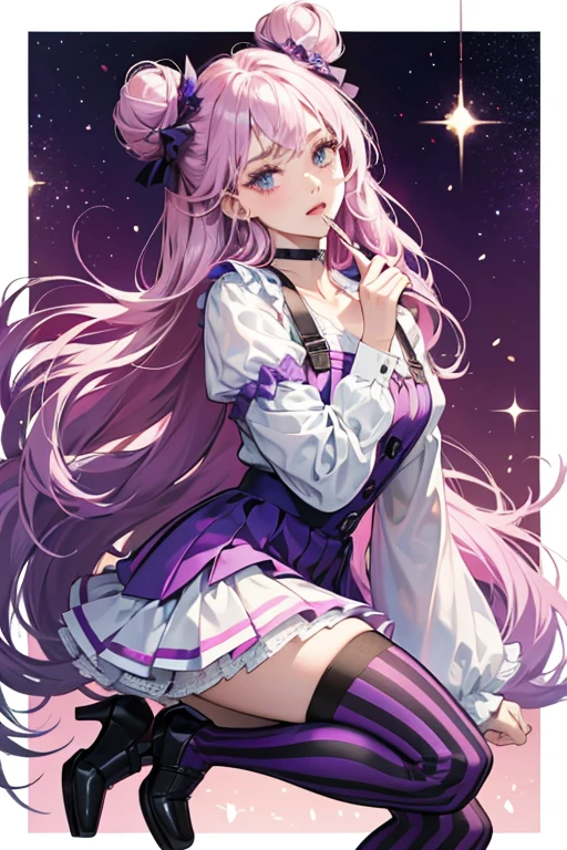 Her lips are pale pink and she wears deep purple eye-shadow to match the cheek star. Her hair is stylized the same as before but the loose part is thinned and has streaks of hot pink through it, and her bangs are now loose to frame her face with the streaks lacking from the alternatively styled buns. The ornaments are the same but all silver, and the paint on the brush is deep purple. Her curled strands are much tighter. Her outfit resembles her previous version but the top is pale blue with a deep purple star and lacks sleeves. Her suspenders are hot pink and her skirt has stripes, followed by a shimmering purple layer. Her stockings are lilac and her shoes deep purple to match her choker. SPARKLE; GLITTER