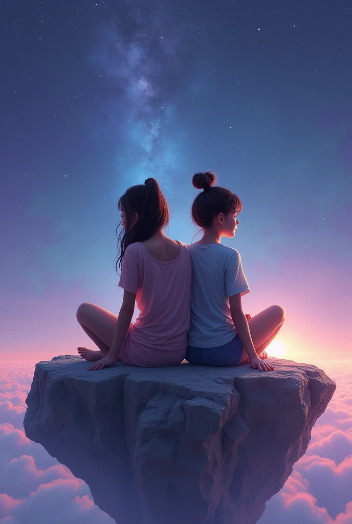 Two real realistic girls sitting on a space rock together, the background is pastel purple/dark blue with stars