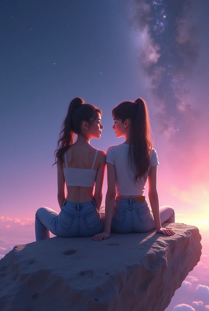 Two real realistic girls sitting on a space rock together, the background is pastel purple/dark blue with stars