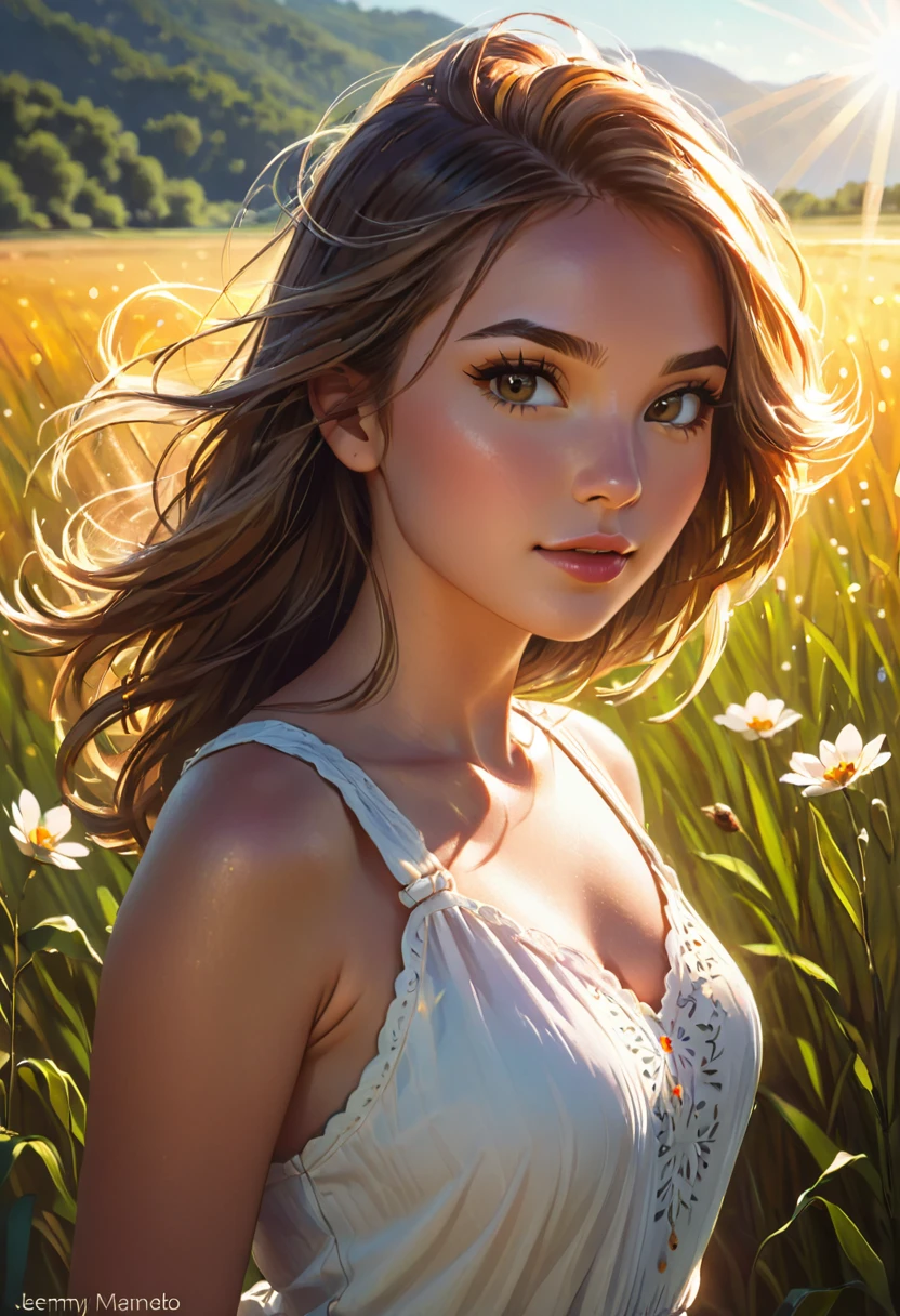 portrait of a cute woman in a bright windy field, river, (backlighting), realistic, masterpiece, highest quality, lens flare, shade, bloom, [[chromatic aberration]], by Jeremy Lipking, by Antonio J. Manzanedo, digital painting, Style-GlassFinal, natural skin texture