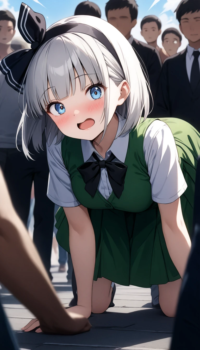 Long shot,ground shot, ground shot,glowing skin, high quality, masterpiece,beautiful girl, konpaku youmu, 1girl, white hair, short hair, blunt bangs, blue eyes
hairband, hair ribbon, black ribbon, black bowtie, white shirt, collared shirt, green vest, green skirt, socks, not wearing underwear,unique, (very beautiful face,wink,blushing face),young,break,(sexy pose:1.3),top-down bottom-up, lift up the skirt,break,shopping street in the daytime,(surrounded by a crowd, (surprised and noticed by many people))