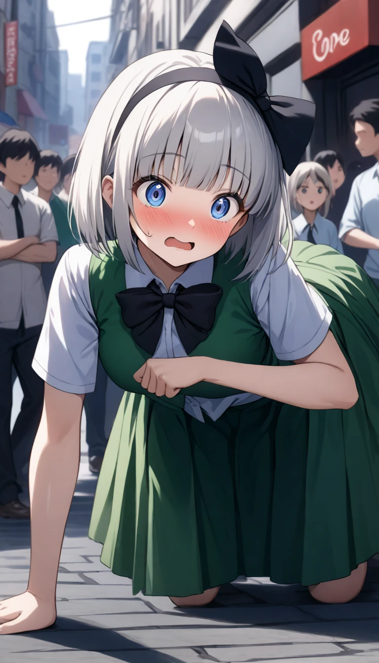 Long shot,ground shot, ground shot,glowing skin, high quality, masterpiece,beautiful girl, konpaku youmu, 1girl, white hair, short hair, blunt bangs, blue eyes
hairband, hair ribbon, black ribbon, black bowtie, white shirt, collared shirt, green vest, green skirt, socks, not wearing underwear,unique, (very beautiful face,wink,blushing face),young,break,(sexy pose:1.3),top-down bottom-up, lift up the skirt,break,shopping street in the daytime,(surrounded by a crowd, (surprised and noticed by many people))