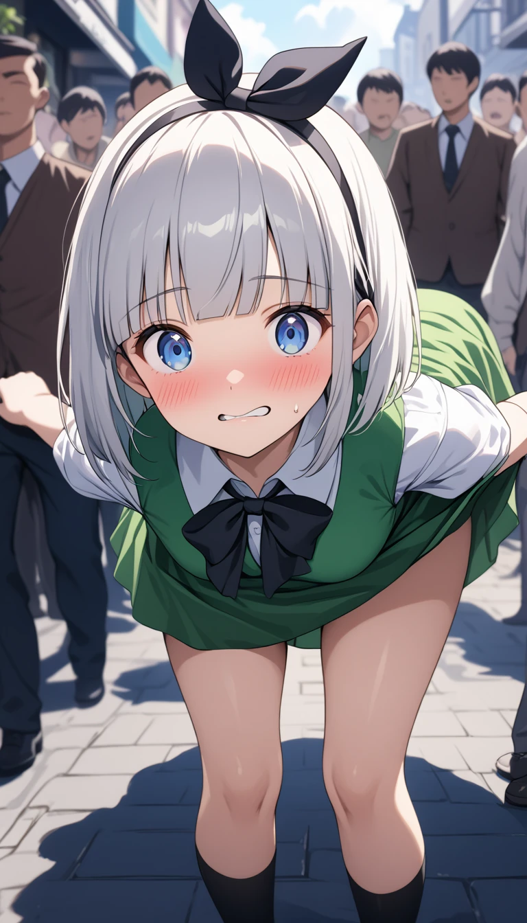 Long shot,ground shot, ground shot,glowing skin, high quality, masterpiece,beautiful girl, konpaku youmu, 1girl, white hair, short hair, blunt bangs, blue eyes
hairband, hair ribbon, black ribbon, black bowtie, white shirt, collared shirt, green vest, green skirt, socks, not wearing underwear,unique, (very beautiful face,wink,blushing face),young,break,(sexy pose:1.3),top-down bottom-up, lift up the skirt,break,shopping street in the daytime,(surrounded by a crowd, (surprised and noticed by many people))