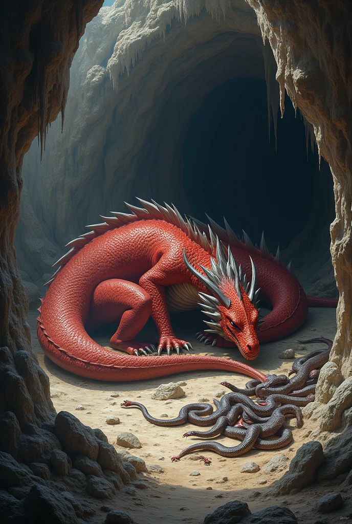 a red dragon is deep sleep in the cave, while bunch of snakes are fighting war each other outshide the cave, very realistic image