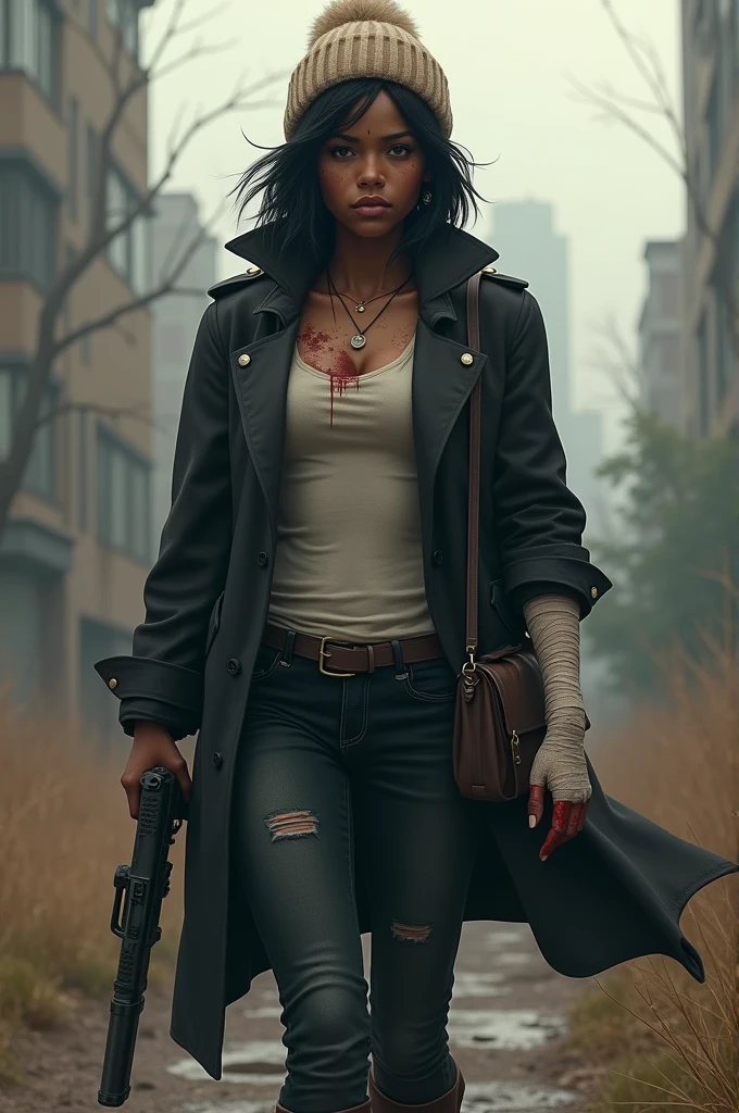 The Walking Dead Series, Female, 31, African American And Native American, Athletic Hourglass Body Type, Brown Honey Eyes, Light Freckles, Black Short Hair, Black Coat And Black Jeans, White Shirt Under Coat, Holstered Gun, Bandages On Her Arms, Combat Boots, Light Brown Winter Hat, Dark Brown Satchel, Tired Frown Face, Zombie Apocalypse, Blood On Her Hands