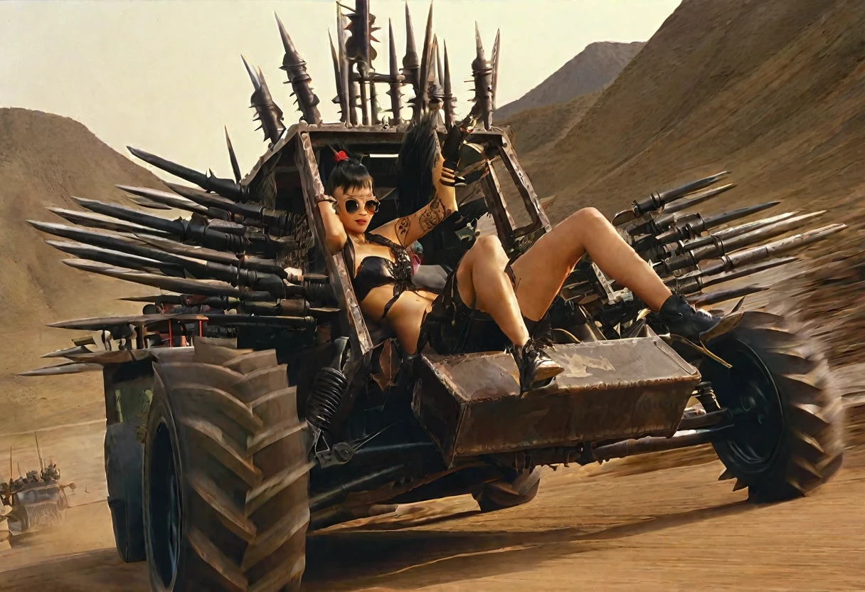 Movie Road Warrior) Action photography of a wasteland rail buggy with many spikes, guns, and lights, driven by a cannibal mutant (Kelly Hu, age 25, sexy leathers, mohawk, tattoos), low angle view