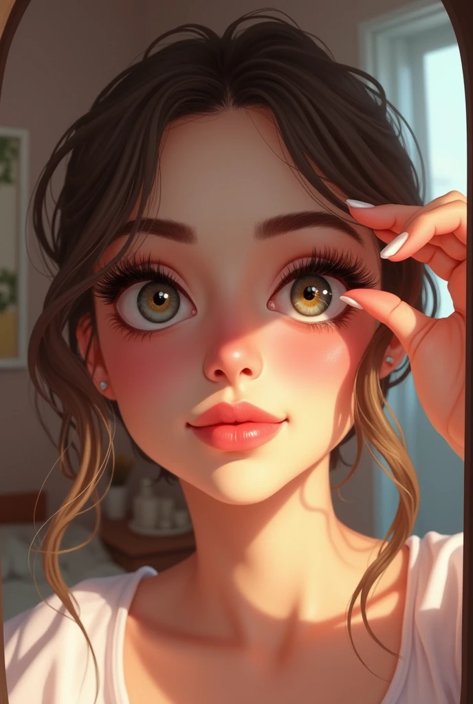 Subject: A woman enhancing her lashes with growth serum,
Creative descriptions: lush eyelashes, enhanced volume, fluttery lashes,
Environment: cozy bedroom with a vanity mirror,
Mood/atmosphere: hopeful, amazed, beauty transformation,
Artists/illustrators: Alyssa Mees, Realistic Portraiture, Detailed eye features, lifelike textures,
Camera settings: Utilize a digital camera with macro lens to capture intricate details of the eyelashes.