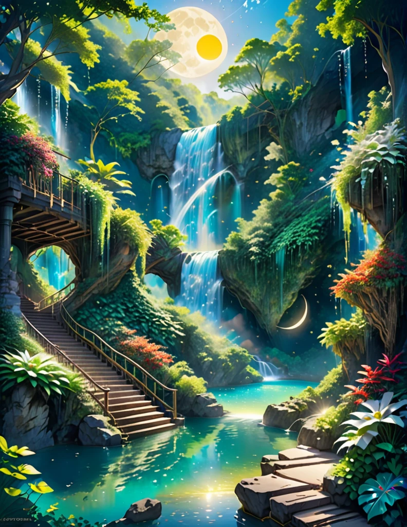 A stunning illustration of a towering waterfall cascading into a crystal-clear lagoon surrounded by lush foliage. An imaginative scene where multiple waterfalls converge in a mystical, hidden valley. Hill The waterfall falls as old unique staircase. Plunge. Crystal. Cosmological. Moon with sun. Little dark. Shining. Realistic. Splashing.