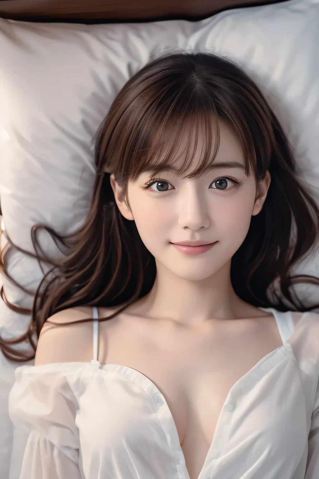 Beautiful girl sleeping in bed, (Highest quality:1.4), (Very detailed), (Very detailed美しい顔), White shirt, Great face and eyes, iris, Medium Hair, The Beauty of Japan, (Skinny body type:1.3), (Flat Chest:1.3), (smile), Smooth, Very detailed CG synthesis 8k wallpaper, High-resolution RAW color photos, Professional photography, Light, BackLight, dream-like, impressive, Written boundary depth, Bedroom, (Face close-up:1.3), (Shot from above:1.5)