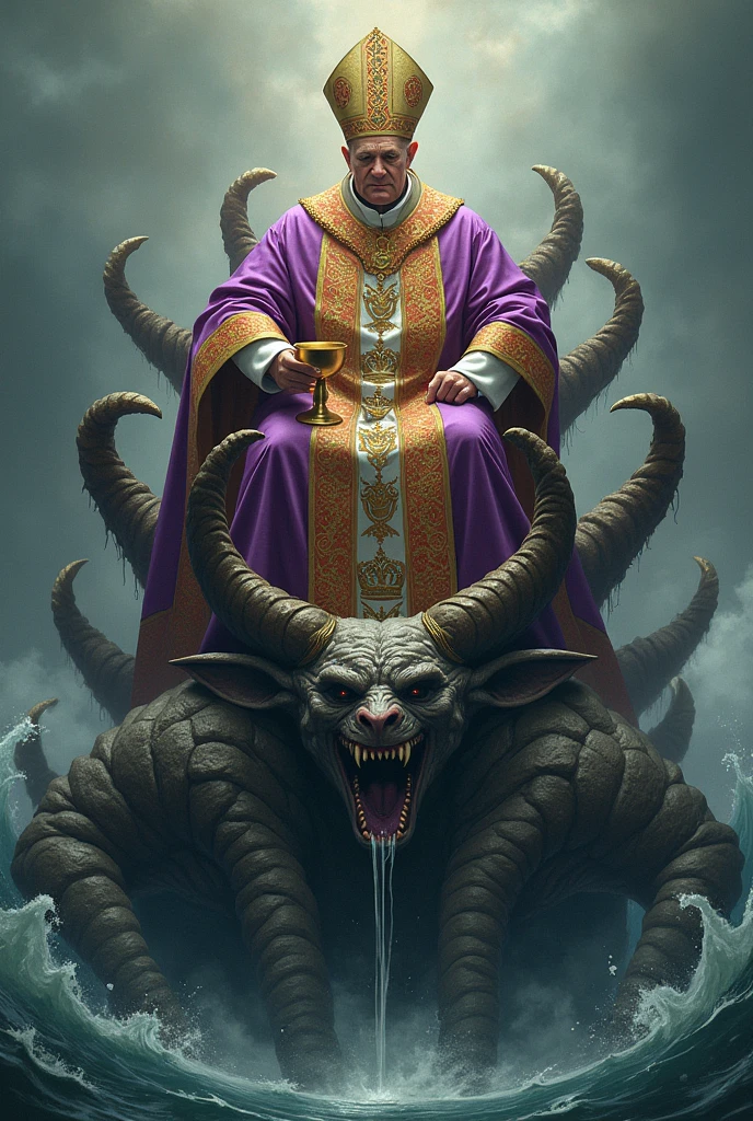 Pope Francis I dressed in purple and scarlet with a golden chalice pouring wine onto the ground. sitting on top of the thiamate that came out of the sea that had seven heads, with ten horns and ten crowns.