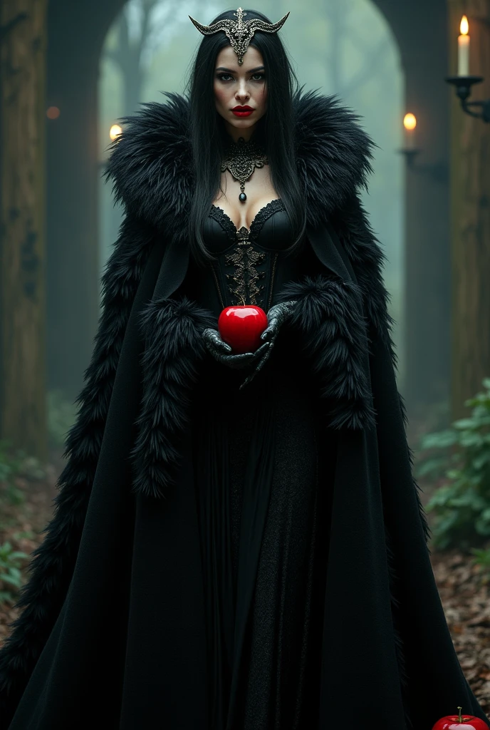 girl,Long black fur,Black Queen,Accessories,Apple in hand,Poison apples,Witch Queen,Red lipstick