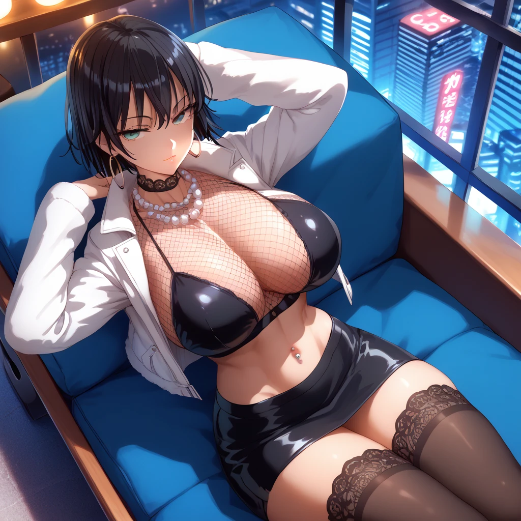 (SAFE FOR WORK), 1 female, Yusuke Murata style, Fubuki from One Punch Man, anime-style face, sexy face, high angle, aerial view, laying down, longer face, short black hair, fully lidded eyes, green eyes, puckered lips, no lipstick, slim/toned body, extremely slim waist, arched back, massive breasts, separated breasts, white Jacket, large black crop top, black fishnet crop top, pitch black stockings, navel piercing, large hoop earrings, black skirt, pearl necklace, sitting on lounge chair, night, detailed city background, futuristic city, penthouse, lots of skyscrapers, Tokyo, Japanese symbols neon lights, starts, thick thighs, more details, both hands covering boobs, tiny hearts floating above head