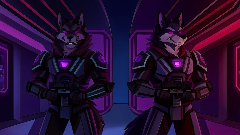 (masterpiece, best quality:1.2), Vortex two male hellhounds, two male bodyguards, wolves, furry, helluva boss, hypnotized with glowing purple eyes, angry serious face, wearing futuristic armor, using a Pulse Rifle, Energy Rifle, Futuristic assault rifle, guarding the entrance of a big futuristic laboratory building background