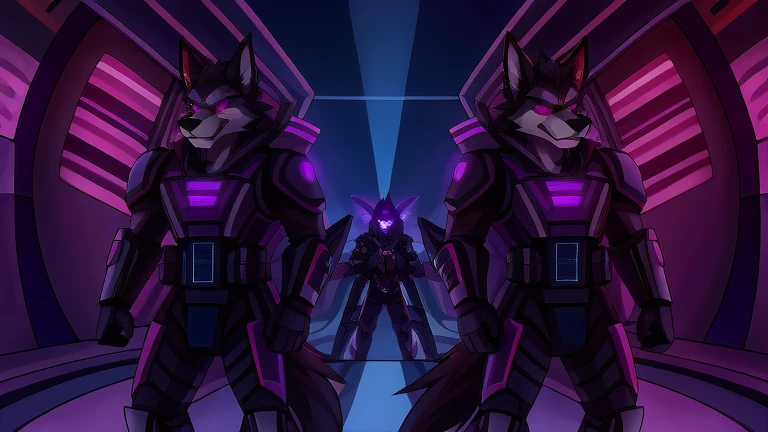 (masterpiece, best quality:1.2), Vortex two male hellhounds, two male bodyguards, wolves, furry, helluva boss, hypnotized with glowing purple eyes, angry serious face, wearing futuristic armor, using a Pulse Rifle, Energy Rifle, Futuristic assault rifle, guarding the entrance of a big futuristic laboratory building background