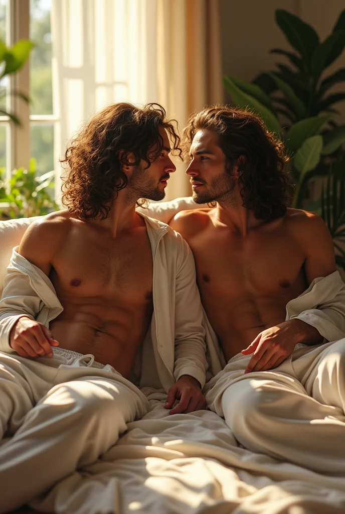 (photorealism:1.2), beautiful men, sitting on bed, wearing loose off-shoulder top, pajama pants, long curly hair, indoors,big dick, soft lighting, plants in background, window with sunlight, cozy room, relaxed pose, realistic, intricate details, warm colors, by Greg Rutkowski, by Alphonse Mucha