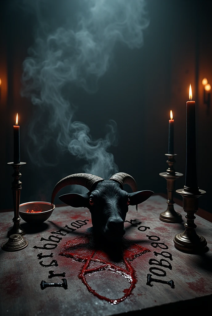 Altar with inverted pentagrams, The head of a black goat on the altar, black candles, Incense smoke rising from a bowl on the altar. On the table, the word is written in blood "Trinidad and Tobago", word that can be read clearly and stands out within the scene