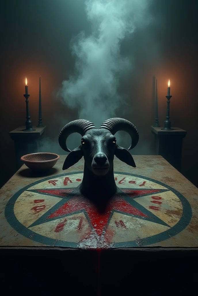 Altar with inverted pentagrams, The head of a black goat on the altar, black candles, Incense smoke rising from a bowl on the altar. On the table, the word is written in blood "Trinidad and Tobago", word that can be read clearly and stands out within the scene