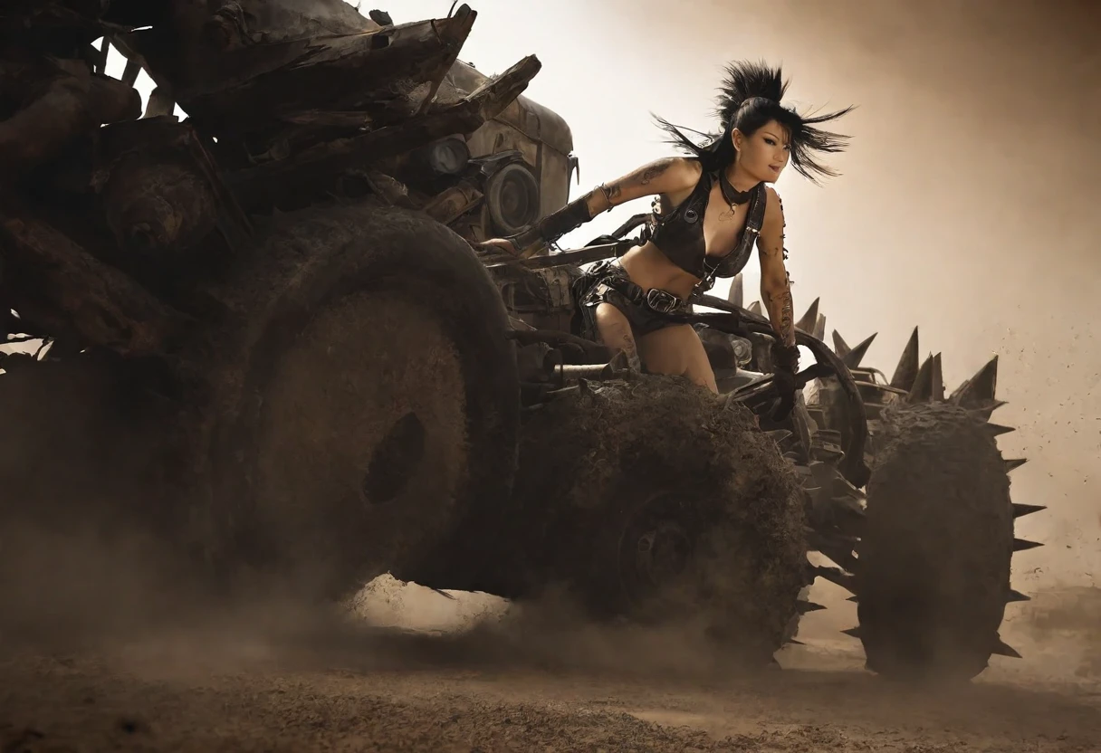 a post-apocalyptic wasteland, rail buggy with spikes, guns, and lights, driven by a cannibal mutant (Kelly Hu, 25, sexy leathers, mohawk, tattoos), low angle view, action photography, cinematic lighting, photorealistic, 8k, highly detailed, gritty, dystopian, moody atmosphere, desaturated color palette, dramatic shadows, dust and debris, cinematic composition, intense motion blur, powerful engine sounds, dust clouds