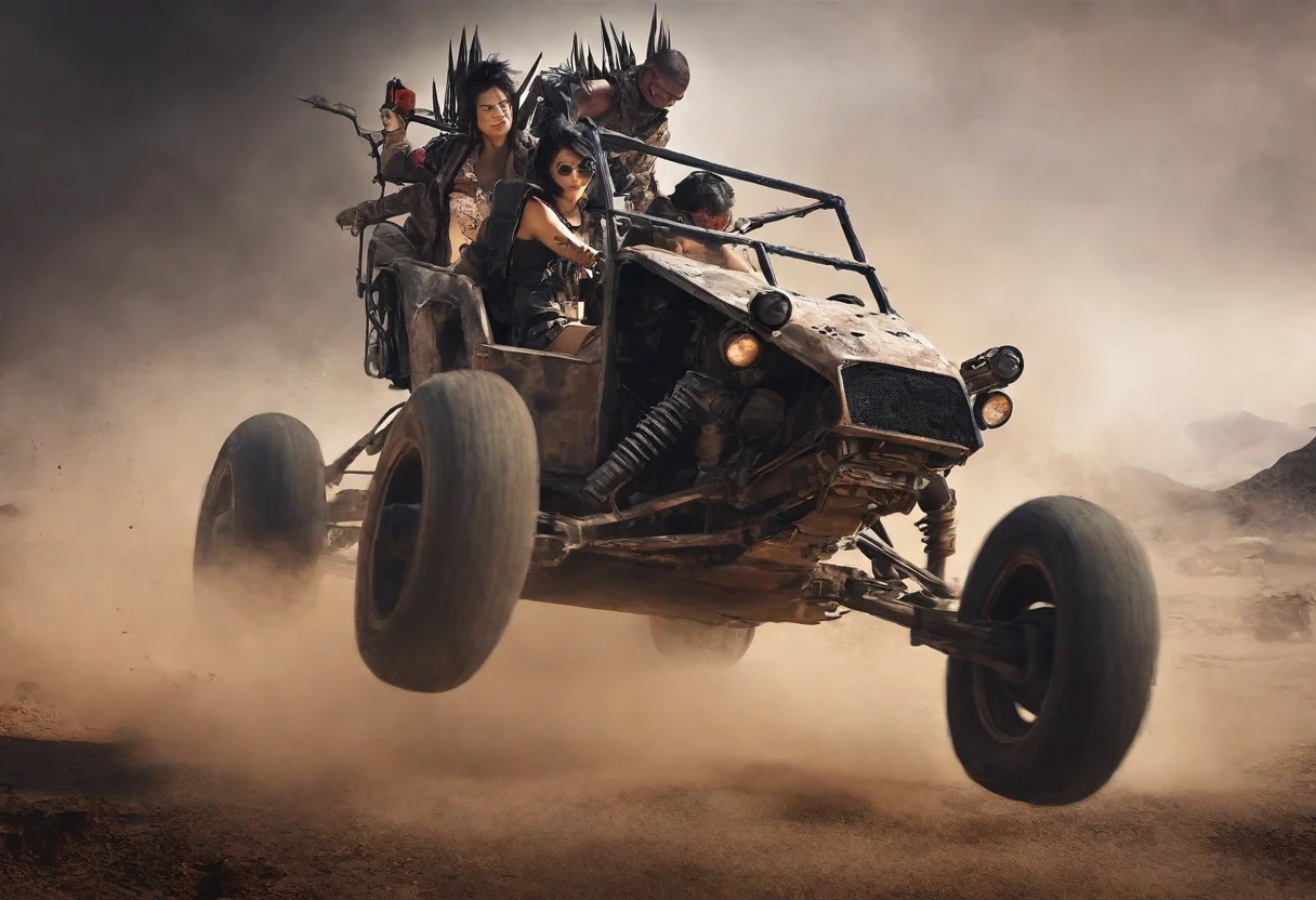a post-apocalyptic wasteland, rail buggy with spikes, guns, and lights, driven by a cannibal mutant (Kelly Hu, 25, sexy leathers, mohawk, tattoos), low angle view, action photography, cinematic lighting, photorealistic, 8k, highly detailed, gritty, dystopian, moody atmosphere, desaturated color palette, dramatic shadows, dust and debris, cinematic composition, intense motion blur, powerful engine sounds, dust clouds
