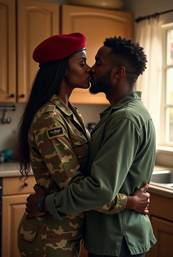 She a female Nigerian captain on camouflage uniform and beret in the kitchen with a Nigerian 35 years old man, wearing a pajama handing her a cup of coffee